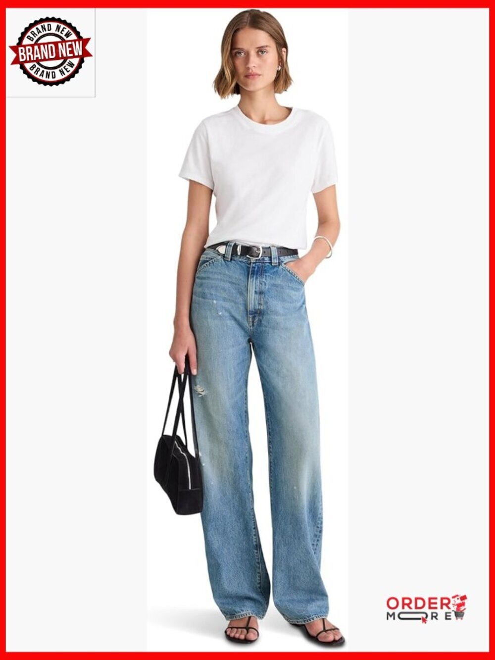 High Rise Wide Leg Jeans Relaxed Fit 100% Cotton Zipper Fly